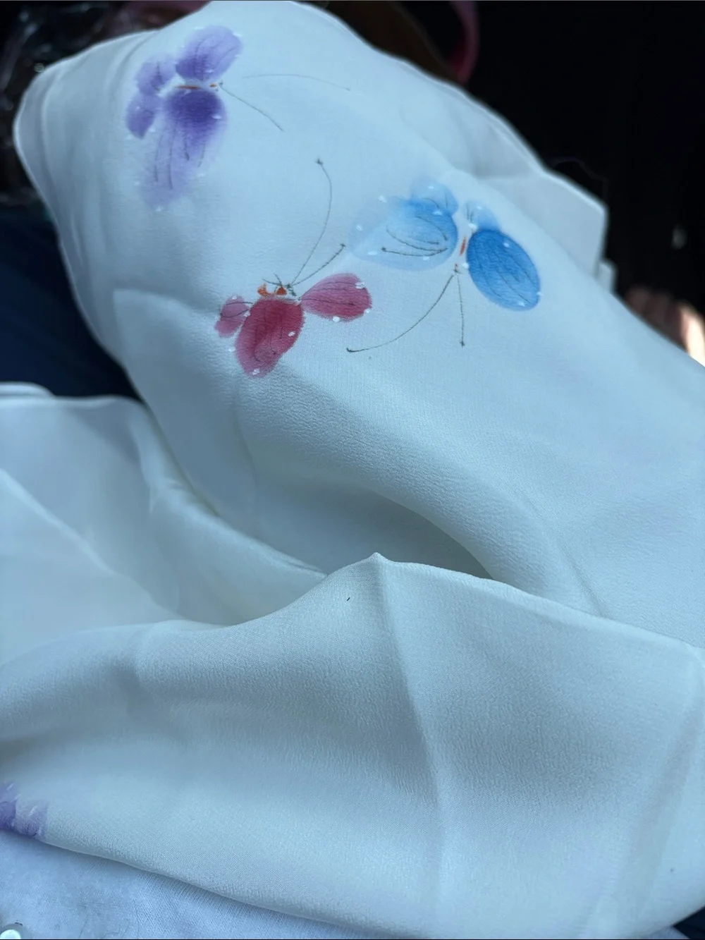 Source Unknown White Scarf with Purple and Pink Butterfly Motif